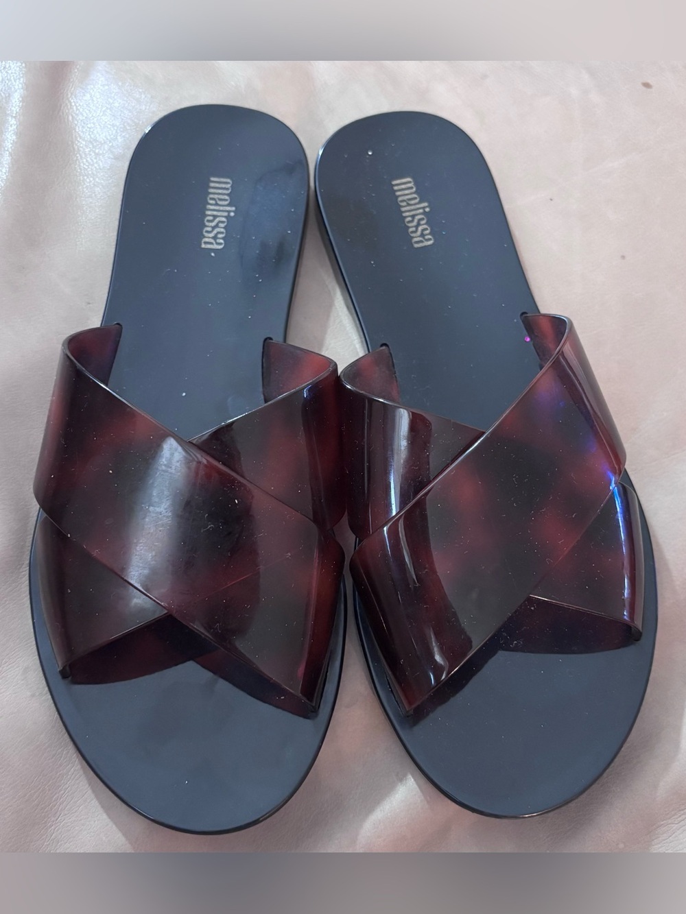 Melissa Cross Strap Jelly Slide Sandals Tortoise Brown Black Size 7